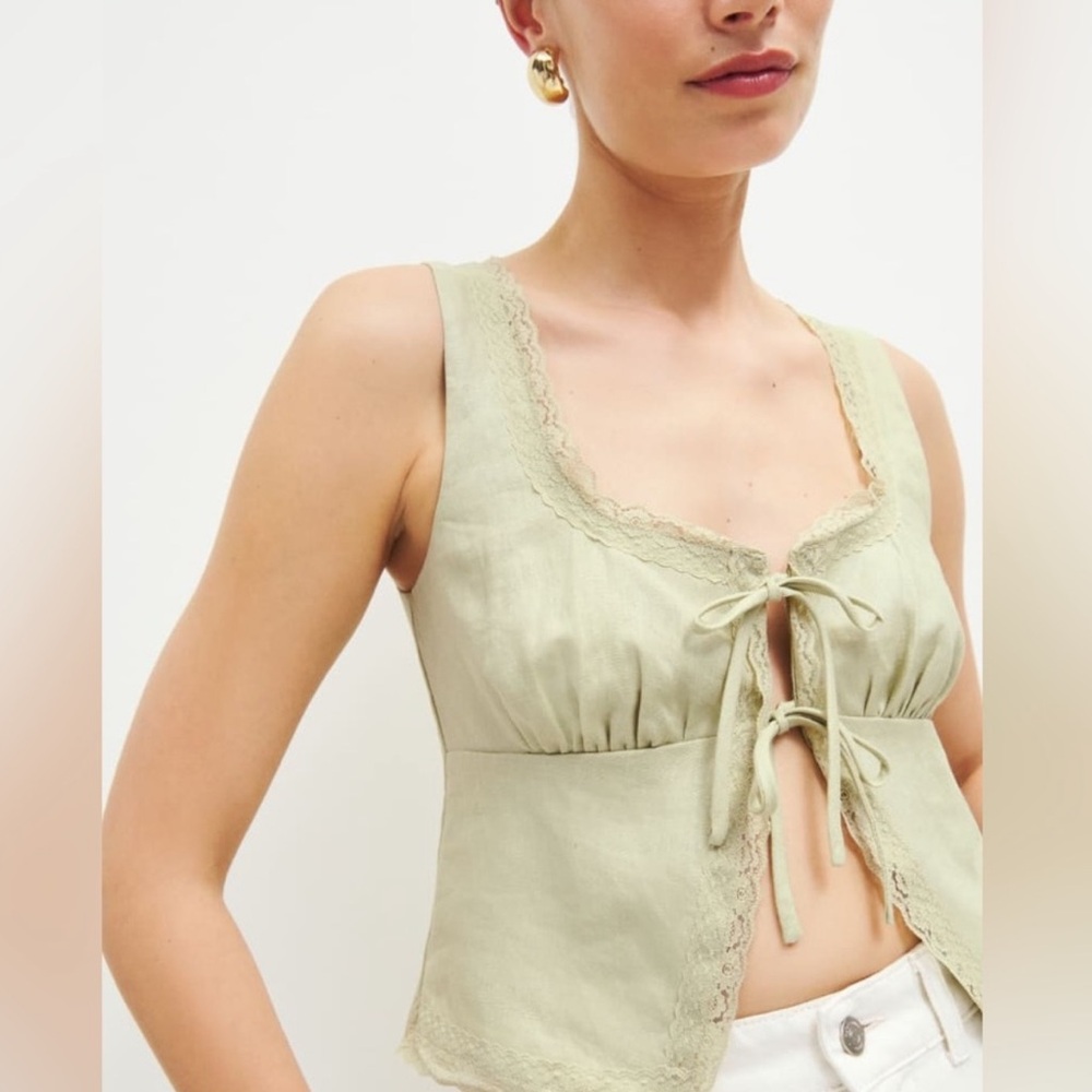 Reformation Rosalie Sage Green Tie front Lace Tank Top